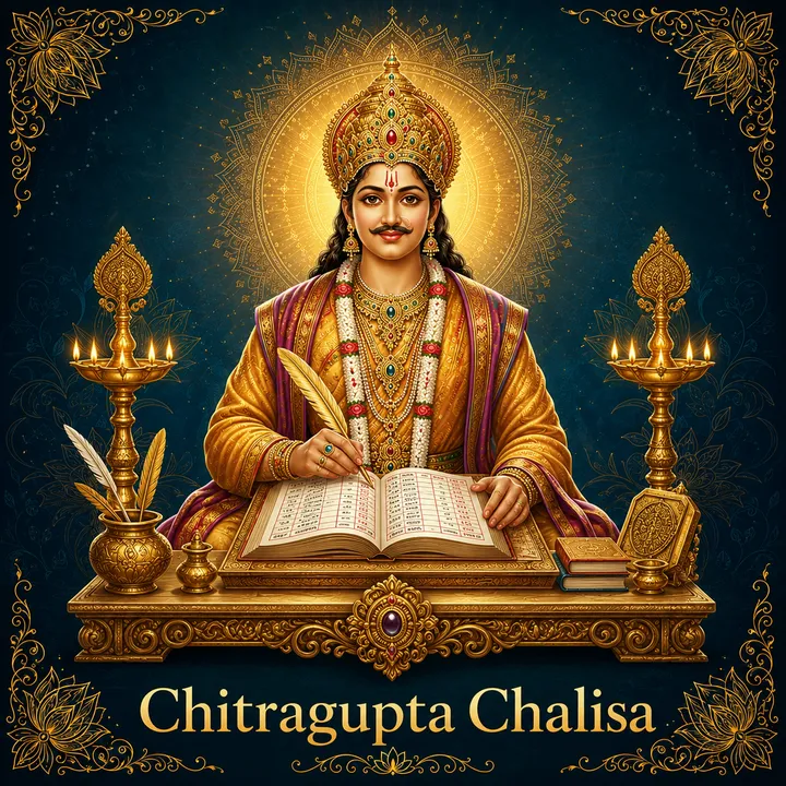 Devotional illustration accompanying Chitragupta Chalisa, framed by a gold mandala halo and ornamental corner border on a deep blue background