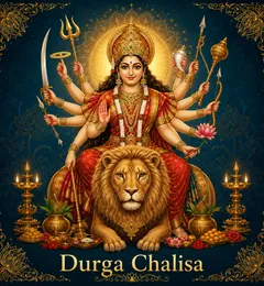 Devotional illustration accompanying Durga Chalisa, framed by a gold mandala halo and ornamental corner border on a deep blue background