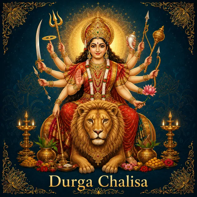 Devotional illustration accompanying Durga Chalisa, framed by a gold mandala halo and ornamental corner border on a deep blue background