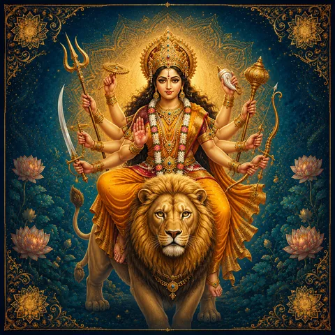 Traditional devotional depiction of Durga, eight-armed and riding a lion, holding the trishula, chakra, sword, conch, and bow given to her by the gods, with one hand raised in blessing