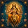 Traditional devotional depiction of Durga, eight-armed and riding a lion, holding the trishula, chakra, sword, conch, and bow given to her by the gods, with one hand raised in blessing