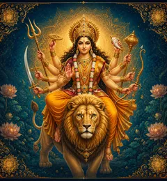 Traditional devotional depiction of Durga, eight-armed and riding a lion, holding the trishula, chakra, sword, conch, and bow given to her by the gods, with one hand raised in blessing