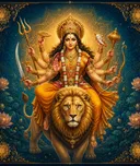 Traditional devotional depiction of Durga, eight-armed and riding a lion, holding the trishula, chakra, sword, conch, and bow given to her by the gods, with one hand raised in blessing
