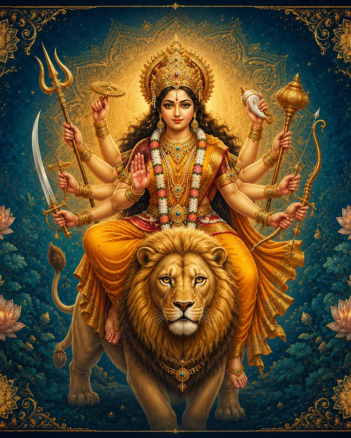 Traditional devotional depiction of Durga, eight-armed and riding a lion, holding the trishula, chakra, sword, conch, and bow given to her by the gods, with one hand raised in blessing