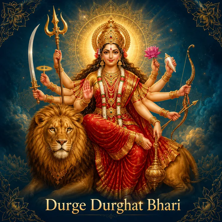 Devotional illustration accompanying Durge Durghat Bhari, framed by a gold mandala halo and ornamental corner border on a deep blue background