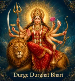 Devotional illustration accompanying Durge Durghat Bhari, framed by a gold mandala halo and ornamental corner border on a deep blue background
