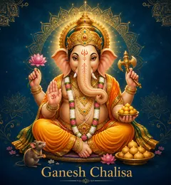 Devotional illustration accompanying Ganesh Chalisa, framed by a gold mandala halo and ornamental corner border on a deep blue background