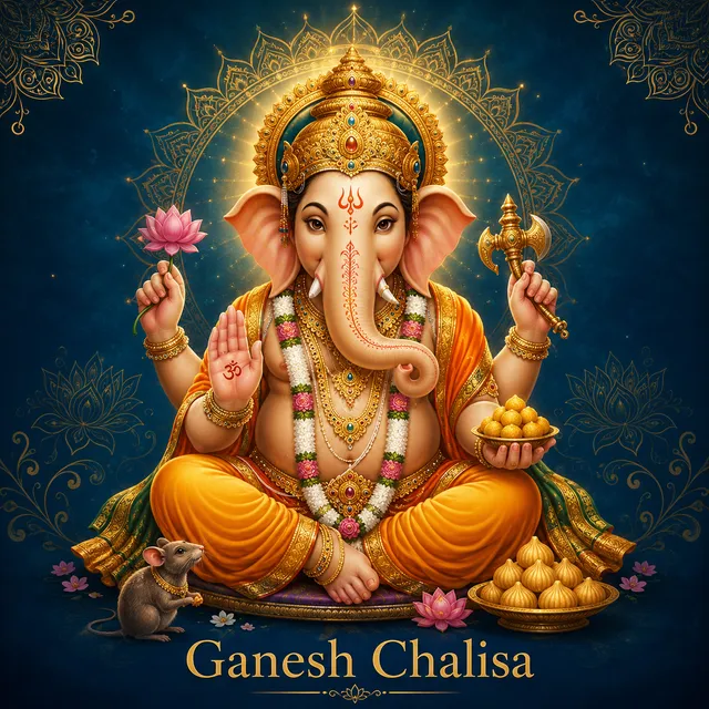 Devotional illustration accompanying Ganesh Chalisa, framed by a gold mandala halo and ornamental corner border on a deep blue background