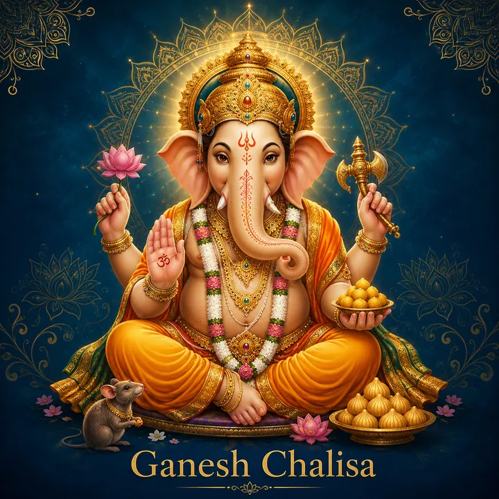 Devotional illustration accompanying Ganesh Chalisa, framed by a gold mandala halo and ornamental corner border on a deep blue background