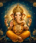 Traditional devotional depiction of Ganesh, elephant-headed and pot-bellied, seated with a modak sweet and his mouse mount nearby