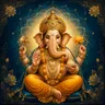 Traditional devotional depiction of Ganesh, elephant-headed and pot-bellied, seated with a modak sweet and his mouse mount nearby