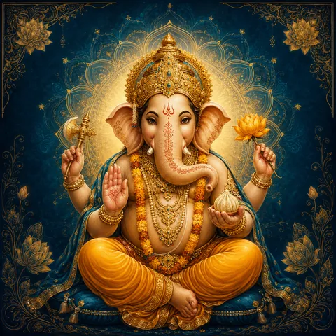 Traditional devotional depiction of Ganesh, elephant-headed and pot-bellied, seated with a modak sweet and his mouse mount nearby
