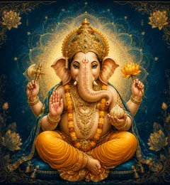 Traditional devotional depiction of Ganesh, elephant-headed and pot-bellied, seated with a modak sweet and his mouse mount nearby