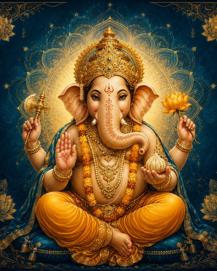 Traditional devotional depiction of Ganesh, elephant-headed and pot-bellied, seated with a modak sweet and his mouse mount nearby