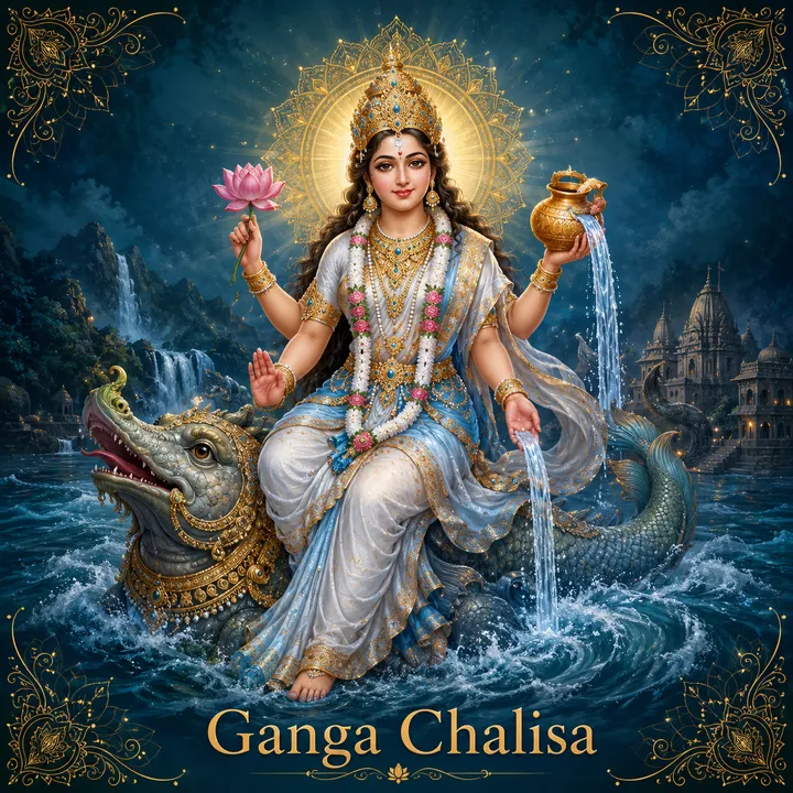 Devotional illustration accompanying Ganga Chalisa, framed by a gold mandala halo and ornamental corner border on a deep blue background