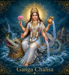 Devotional illustration accompanying Ganga Chalisa, framed by a gold mandala halo and ornamental corner border on a deep blue background
