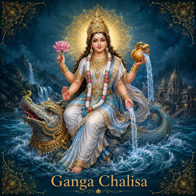 Devotional illustration accompanying Ganga Chalisa, framed by a gold mandala halo and ornamental corner border on a deep blue background