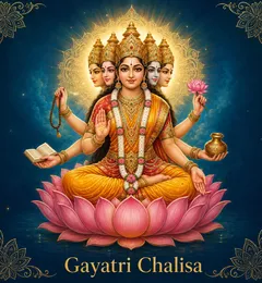 Devotional illustration accompanying Gayatri Chalisa, framed by a gold mandala halo and ornamental corner border on a deep blue background