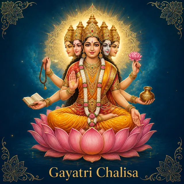Devotional illustration accompanying Gayatri Chalisa, framed by a gold mandala halo and ornamental corner border on a deep blue background