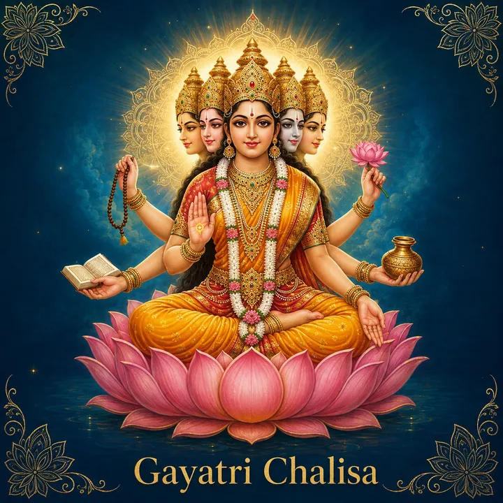 Devotional illustration accompanying Gayatri Chalisa, framed by a gold mandala halo and ornamental corner border on a deep blue background