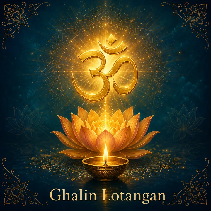 Devotional illustration accompanying Ghalin Lotangan, framed by a gold mandala halo and ornamental corner border on a deep blue background