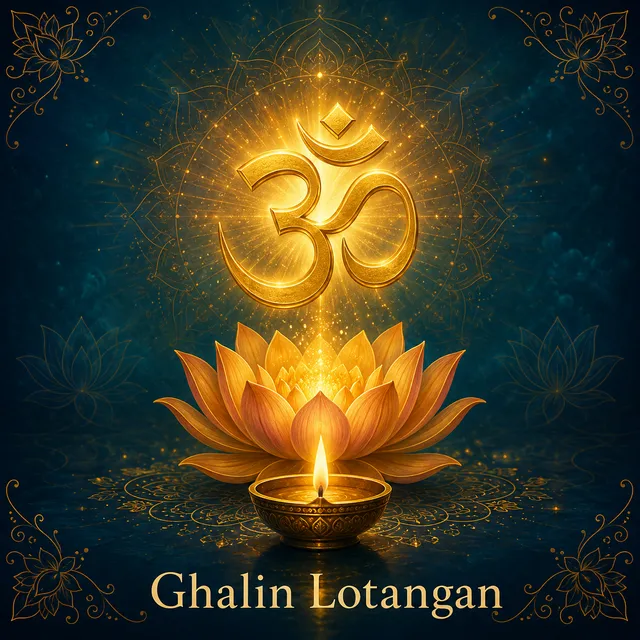 Devotional illustration accompanying Ghalin Lotangan, framed by a gold mandala halo and ornamental corner border on a deep blue background