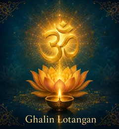 Devotional illustration accompanying Ghalin Lotangan, framed by a gold mandala halo and ornamental corner border on a deep blue background