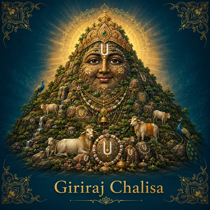 Devotional illustration accompanying Giriraj Chalisa, framed by a gold mandala halo and ornamental corner border on a deep blue background