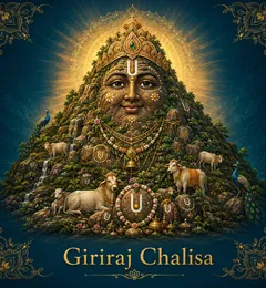 Devotional illustration accompanying Giriraj Chalisa, framed by a gold mandala halo and ornamental corner border on a deep blue background