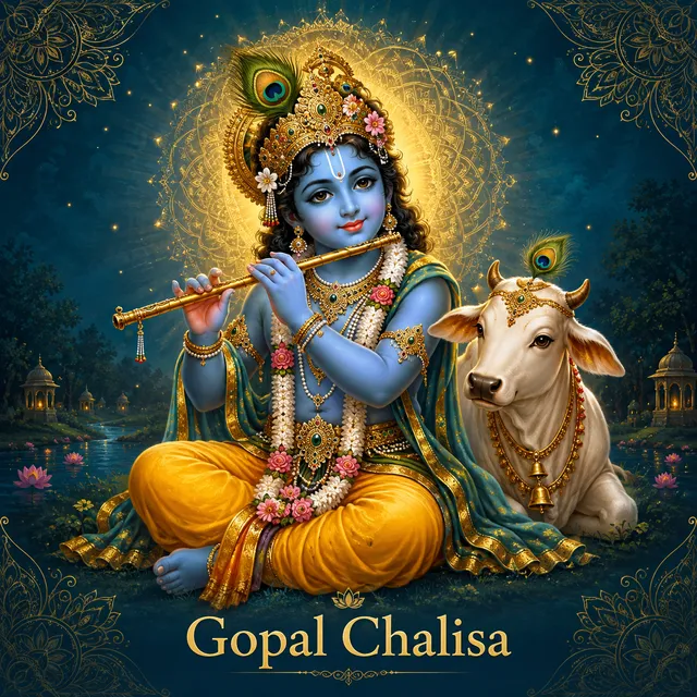 Devotional illustration accompanying Gopal Chalisa, framed by a gold mandala halo and ornamental corner border on a deep blue background
