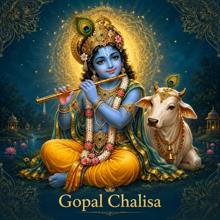 Devotional illustration accompanying Gopal Chalisa, framed by a gold mandala halo and ornamental corner border on a deep blue background