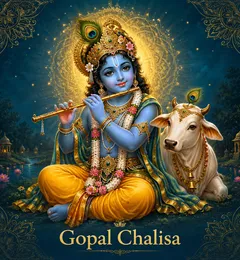Devotional illustration accompanying Gopal Chalisa, framed by a gold mandala halo and ornamental corner border on a deep blue background