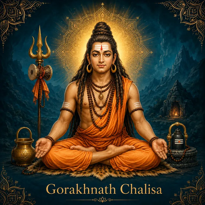 Devotional illustration accompanying Gorakhnath Chalisa, framed by a gold mandala halo and ornamental corner border on a deep blue background