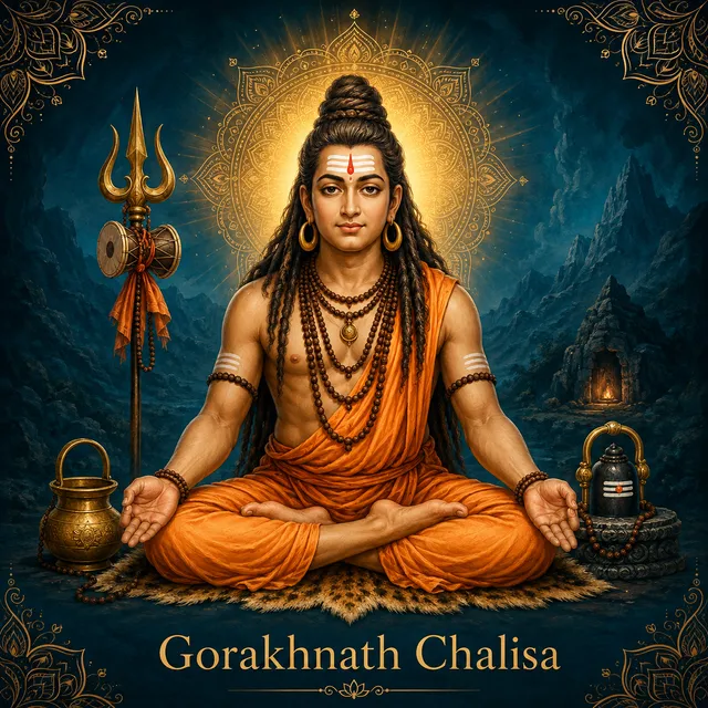 Devotional illustration accompanying Gorakhnath Chalisa, framed by a gold mandala halo and ornamental corner border on a deep blue background