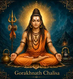 Devotional illustration accompanying Gorakhnath Chalisa, framed by a gold mandala halo and ornamental corner border on a deep blue background
