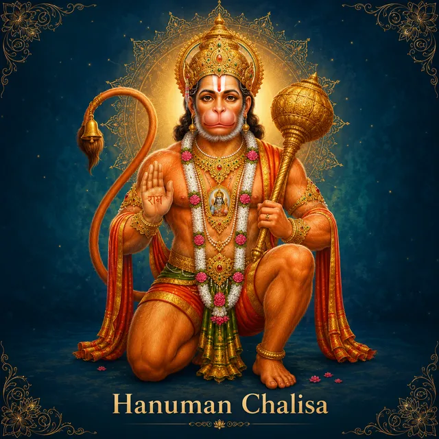 Devotional illustration accompanying Hanuman Chalisa, framed by a gold mandala halo and ornamental corner border on a deep blue background