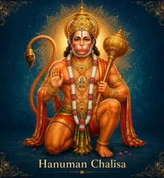 Devotional illustration accompanying Hanuman Chalisa, framed by a gold mandala halo and ornamental corner border on a deep blue background