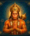 Traditional devotional depiction of Hanuman, hands folded in prayer, with his mace resting at his shoulder