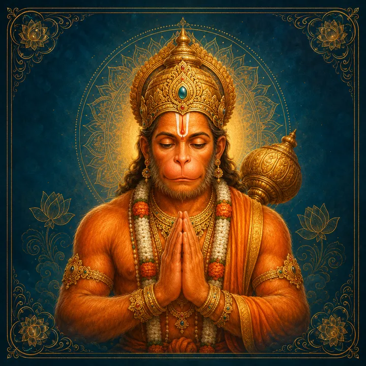Traditional devotional depiction of Hanuman, hands folded in prayer, with his mace resting at his shoulder