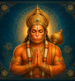 Traditional devotional depiction of Hanuman, hands folded in prayer, with his mace resting at his shoulder