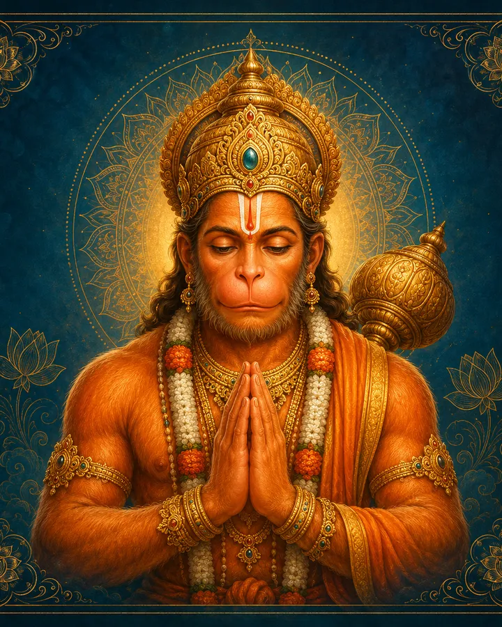 Traditional devotional depiction of Hanuman, hands folded in prayer, with his mace resting at his shoulder