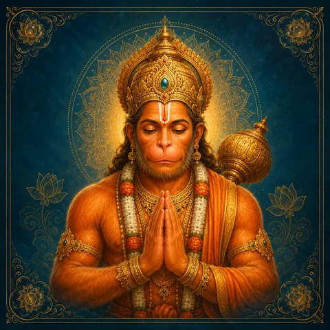 Traditional devotional depiction of Hanuman, hands folded in prayer, with his mace resting at his shoulder