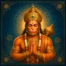 Traditional devotional depiction of Hanuman, hands folded in prayer, with his mace resting at his shoulder