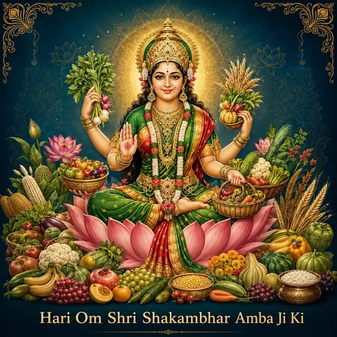 Devotional illustration accompanying Hari Om Shri Shakambhar Amba Ji Ki, framed by a gold mandala halo and ornamental corner border on a deep blue background