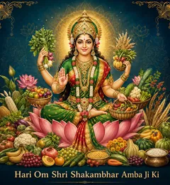 Devotional illustration accompanying Hari Om Shri Shakambhar Amba Ji Ki, framed by a gold mandala halo and ornamental corner border on a deep blue background