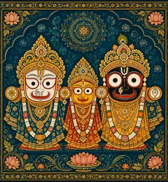Traditional devotional depiction of Jagannath, with his distinctive large round eyes and stylized wooden form, alongside Balabhadra and Subhadra