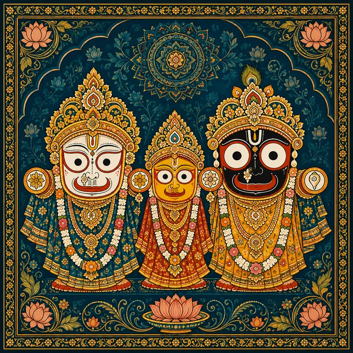Traditional devotional depiction of Jagannath, with his distinctive large round eyes and stylized wooden form, alongside Balabhadra and Subhadra