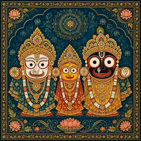 Traditional devotional depiction of Jagannath, with his distinctive large round eyes and stylized wooden form, alongside Balabhadra and Subhadra