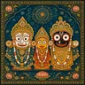 Traditional devotional depiction of Jagannath, with his distinctive large round eyes and stylized wooden form, alongside Balabhadra and Subhadra