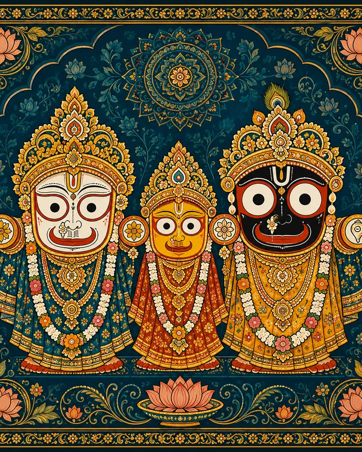 Traditional devotional depiction of Jagannath, with his distinctive large round eyes and stylized wooden form, alongside Balabhadra and Subhadra